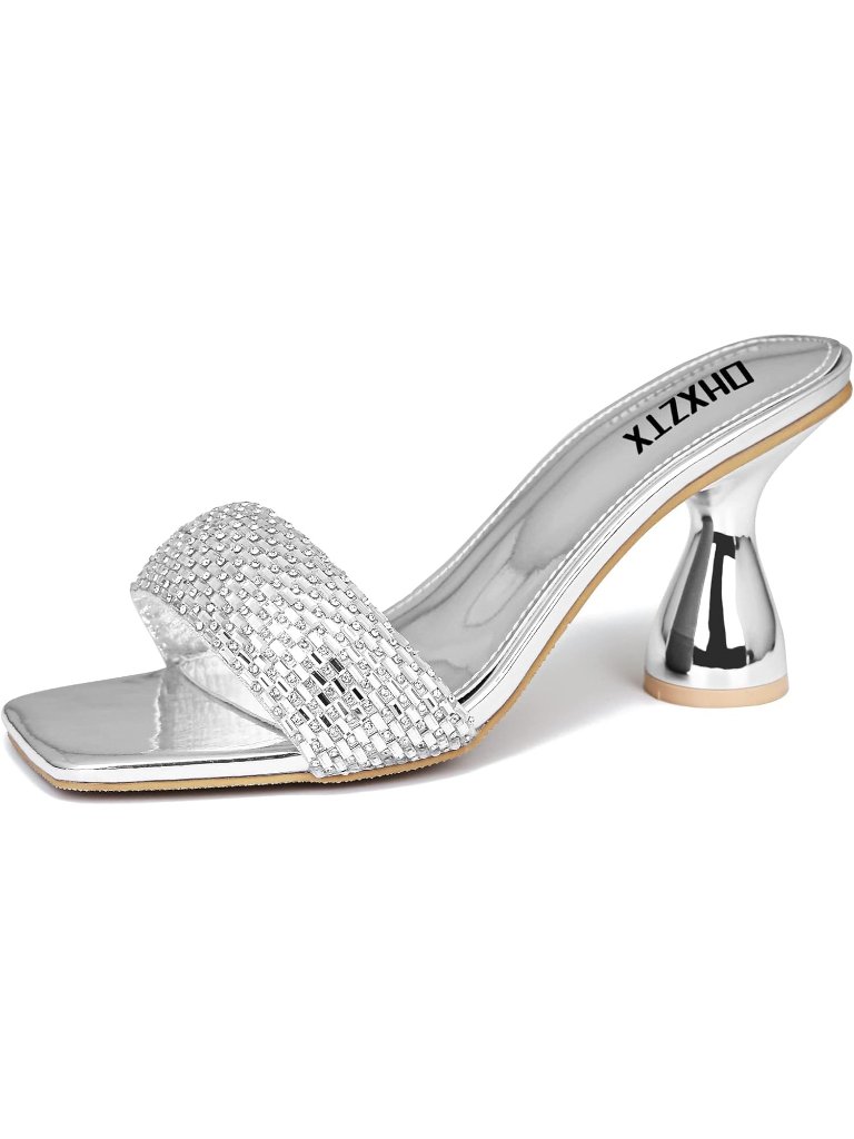 Women's Silver Rhinestone Square Open Toe 3.15 In Square Kitten Heels Sandals